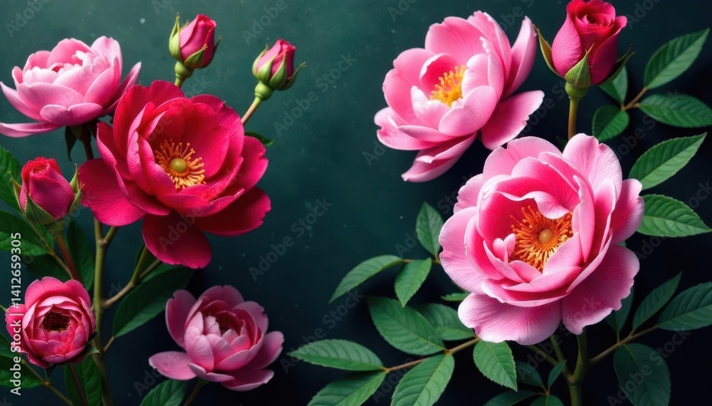 Fototapeta premium Intricate blooming roses & peonies, lush leaves, fabric, vintage