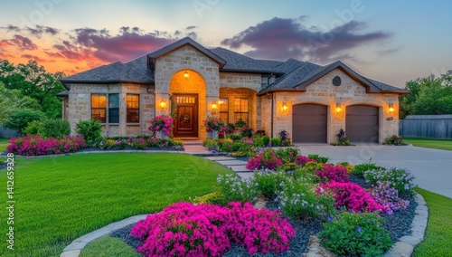 Suburban Home at Sunset, Landscaping, Front Yard, Residential Property, Exterior View, Ideal for Real Estate