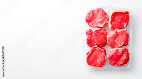 Premium cuts of red meat packaged in plastic crate on white background