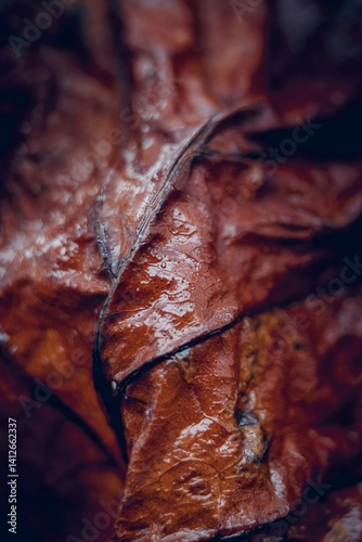 Close-up of a wet autumn leaf showing rich texture and earthy tones.
