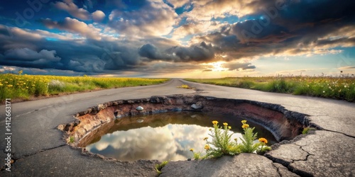 A damaged asphalt road with a large pothole reflecting a dramatic sunset sky, surrounded by vibrant wildflowers.