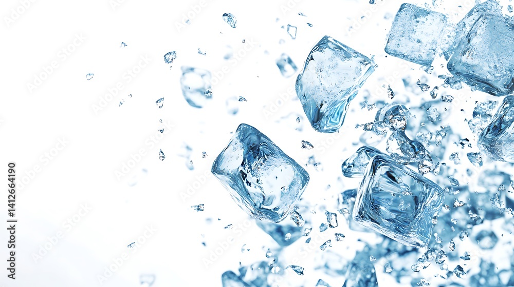 Dynamic flying ice cubes explosion concept chill splash water cool refreshment clarity picture Dynamic flying ice cubes explosion concept chill splash water cool refreshment clarity picture