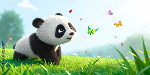 3D rendering cute small funny cartoon panda in the background butterflies are flying summer green grass sunlight.