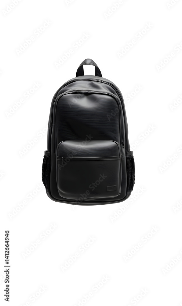 Naklejka premium Sophisticated black backpack minimalist style exudes elegance and versatility on a solid backdrop