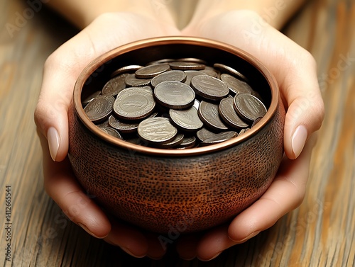 Wallpaper Mural Hands holding copper bowl, coins Torontodigital.ca