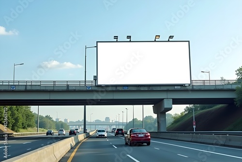 Empty Billboard on Highway Overpass with Busy Traffic