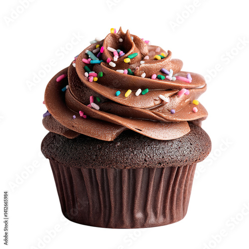 Chocolate cupcake with swirl frosting and sprinkles, isolated PNG format, transparent background, high-resolution, suitable for stock image use --v 7.0