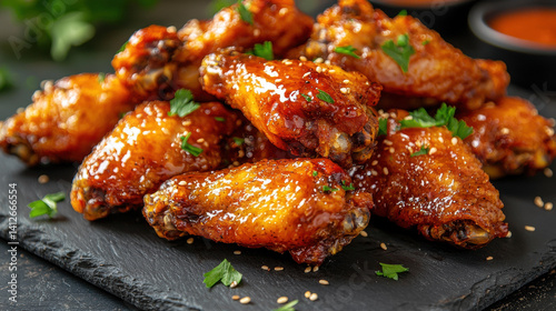 Close-up of golden crispy fried chicken wings with a glossy honey glaze and sprinkled parsley on a dark slate plate