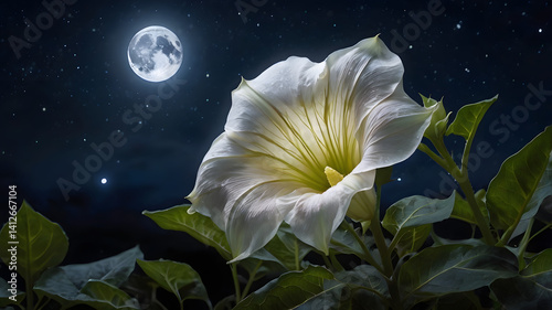 A glowing moonflower opening under the night sky, ultra-realistic lighting, ethereal glow, ultra-HD