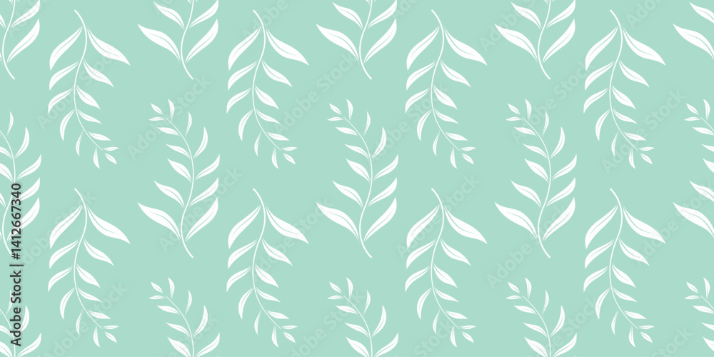 Elegant foliage print. White silhouette of foliage branches on light green background. Eco natural seamless pattern. Vector graphics Elegant foliage print. White silhouette of foliage branches on light green background. Eco natural seamless pattern. Vector graphics