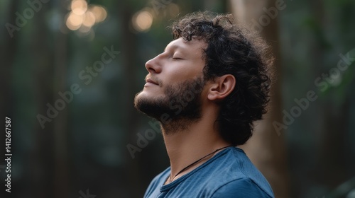 A young man is depicted taking a deep breath of fresh air, with copy space, symbolizing relaxation and well-being