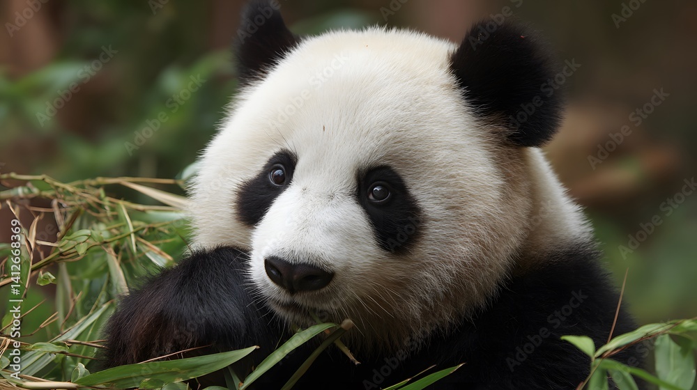 Giant Panda Bear in Greenery: A captivating portrait of a Giant Panda bear, surrounded by lush green foliage, showcasing its unique black and white fur and endearing expression. Giant Panda Bear in Greenery: A captivating portrait of a Giant Panda bear, surrounded by lush green foliage, showcasing its unique black and white fur and endearing expression.
