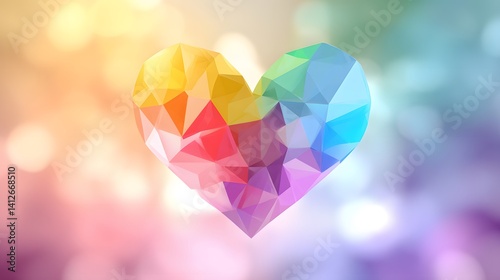Geometric Heart in Rainbow Hues: A stunning representation of love and inclusivity, a vibrant geometric heart bursts with the colors of the rainbow.