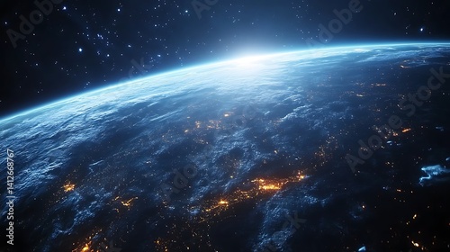 Earth at Night with Illuminated Cities and Networks, Aerial view of Earth at night showing illuminated cities and network connections