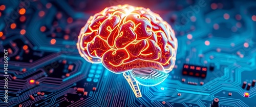 Glowing brain integrated circuit motherboard AI, bright, design