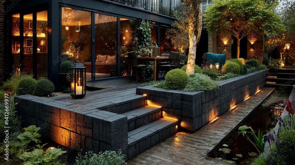 Obraz premium Modern garden design with lighting, steps, and planters
