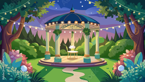 A romantic gazebo with fairy lights, surrounded by hedges and soft grass