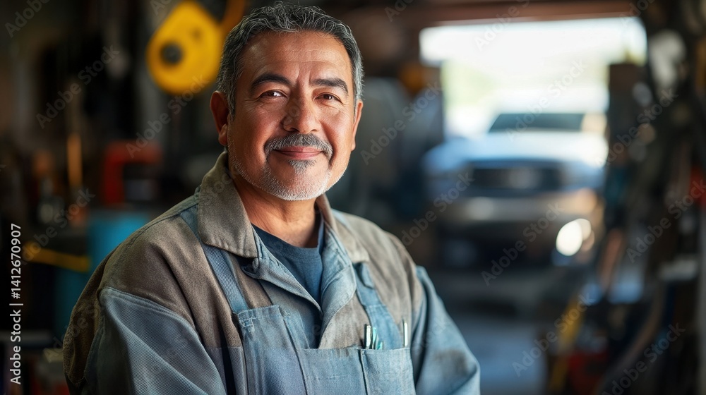 A proud senior Latino mechanic poses confidently in his workshop, showcasing his experience and dedication to his craft against an automotive background. A proud senior Latino mechanic poses confidently in his workshop, showcasing his experience and dedication to his craft against an automotive background.