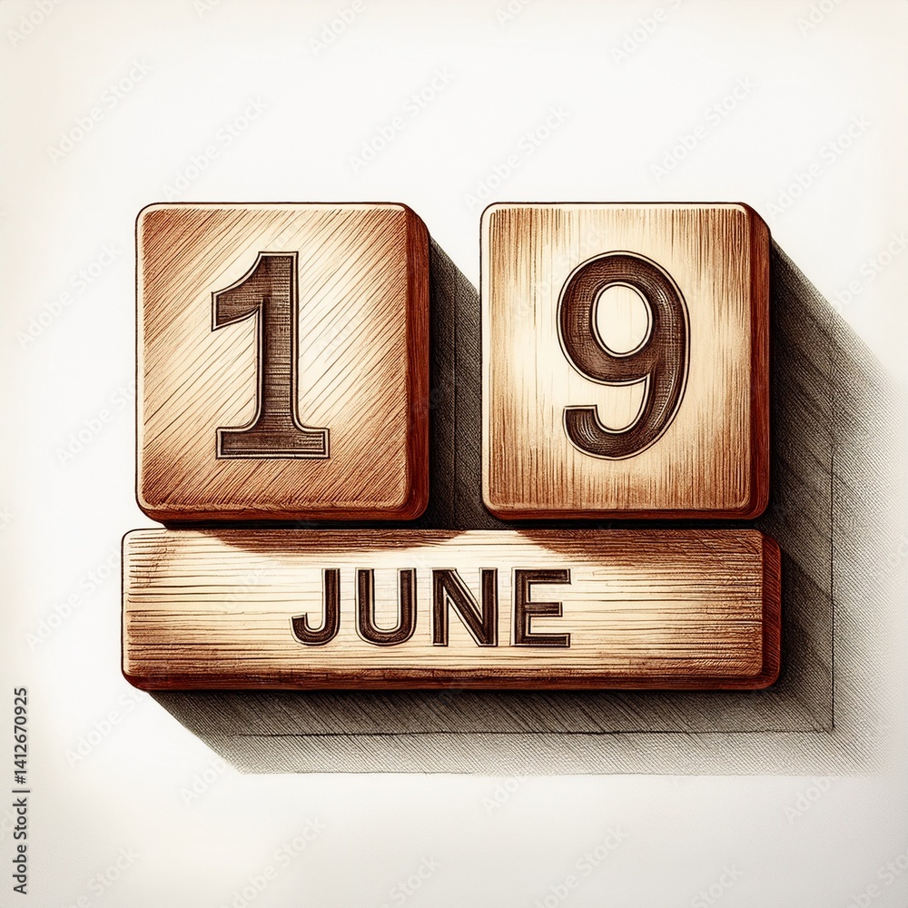 Illustration of wooden blocks with date 19 June. Day and month, simple calendar Illustration of wooden blocks with date 19 June. Day and month, simple calendar