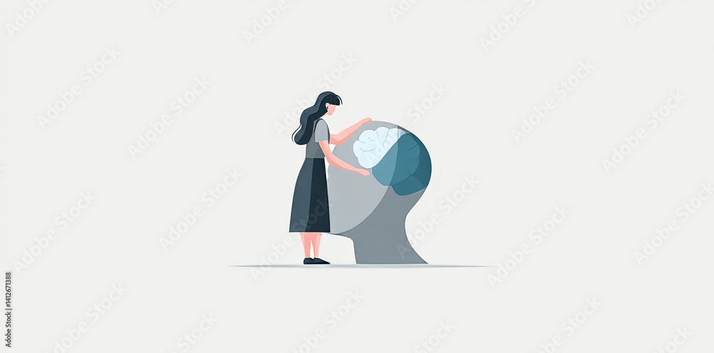 Obraz premium Wellness is the focus, as a woman peers into her own mind, with a spotlight shining on her brain, symbolizing a search for profound understanding and inner wisdom, in a contemporary art piece that