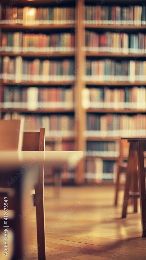 Warm and inviting library interior with wooden bookshelves filled with vintage books and soft focus on wooden study tables in the foreground