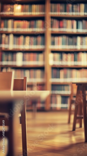 Obraz na płótnie Warm and inviting library interior with wooden bookshelves filled with vintage books and soft focus on wooden study tables in the foreground w salonie