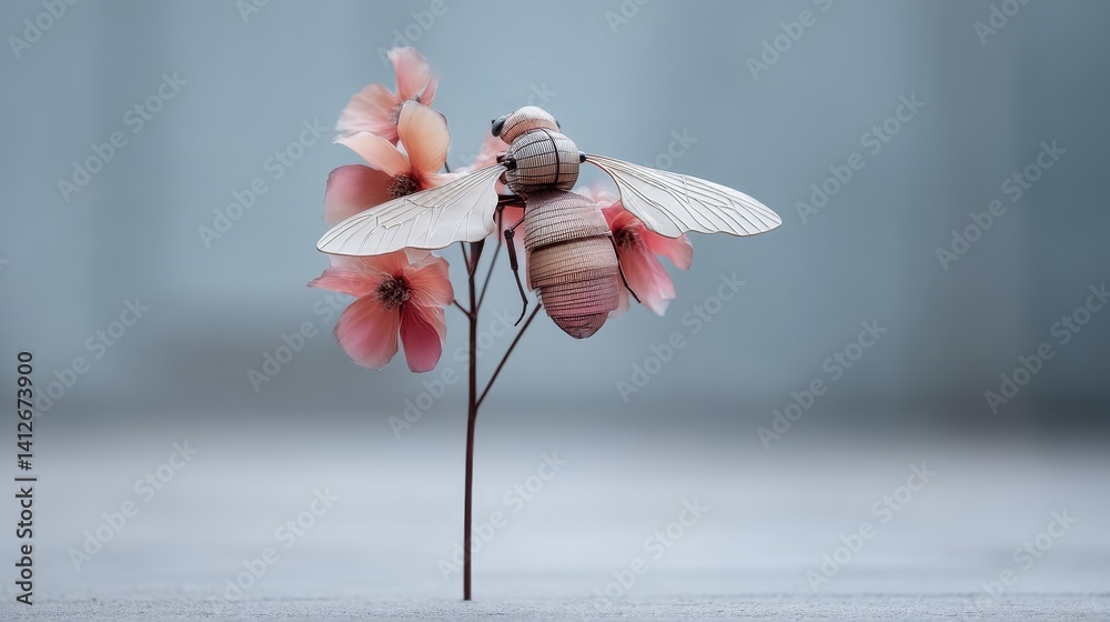 Minimal synthetic bee on pastel blossoms offers futuristic aesthetic for eco-tech and innovation brand