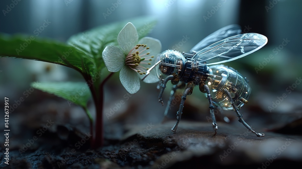 Robotic bee pollinates spring flower in futuristic forest scene ideal for tech and sustainability campaigns