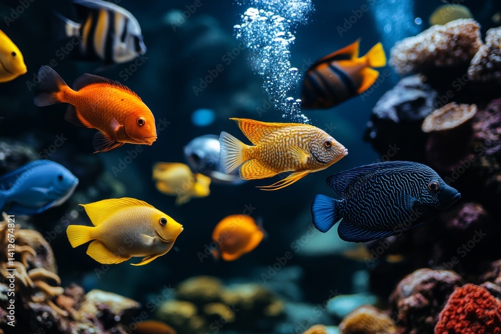 Fototapeta premium A diverse couple goes scuba diving and discovers a vibrant coral reef teeming with colorful fish