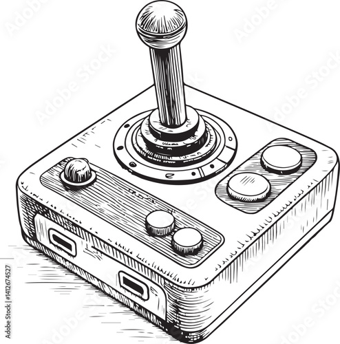 Retro joystick controller for Video Game, Black and White Vector Illustration, Sketch Drawing Line Linear Symbol Icon Engraving, Hand-drawn Isolated