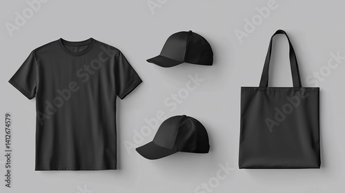 Elegant Black Apparel Mockup Featuring a T-Shirt, Caps, and Tote Bag on a Neutral Background