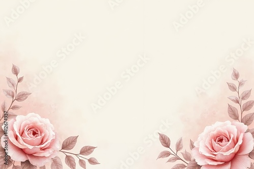 Soft blush pink roses and dusty rose leaves with a pale cream watercolor background