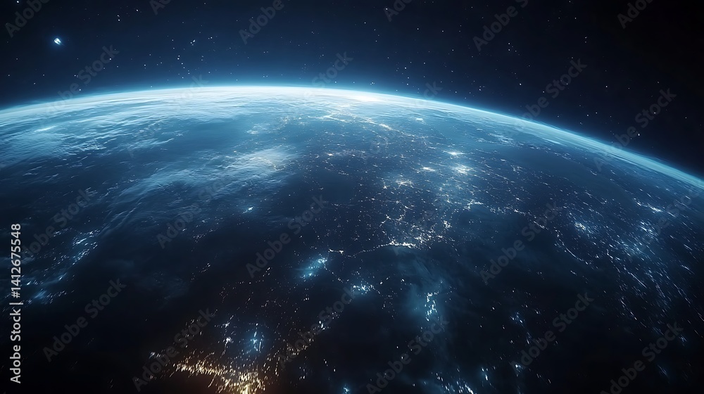 Obraz premium Earth at Night with Illuminated Cities and Networks, Aerial view of Earth at night showing illuminated cities and network connections