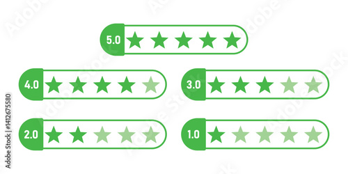 Green product review 5 to 1 stars business element icons. feedback, and ratings. set of five green stars for customer reviews, use for apps and websites.