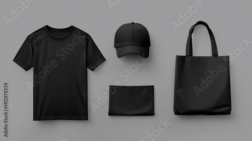 Black apparel set, including t-shirt, cap, pouch and tote bag, displayed on a neutral background, for brand customization and fashion promotions