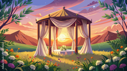 Gazebo draped with sheer curtains, set in a meadow of wildflowers at sunset