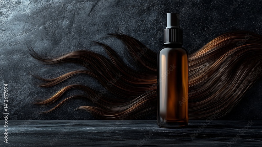 Naklejka premium Amber Hair Serum Bottle Against Dark Background with Flowing Brown Hair