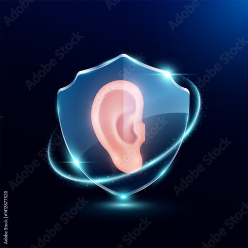 Ear in translucent glass shield modern. Surrounded by glowing ring safety guardian. Human anatomy organ on blue background. Medical health care immunity and protection concept. Vector EPS10.