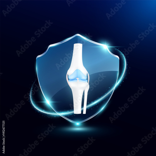 Bone knee in translucent glass shield modern. Surrounded by glowing ring safety guardian. Human anatomy organ on blue background. Medical health care immunity and protection concept. Vector EPS10.