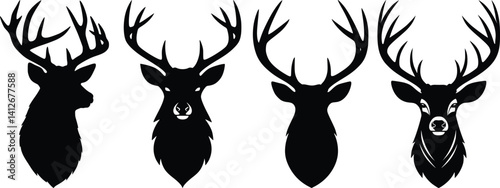 Distinct deer head silhouettes with intricate antlers showcasing artistic variety