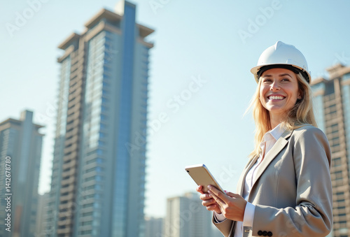 a female foreman in a white helmet with a tablet in her hands at a construction site