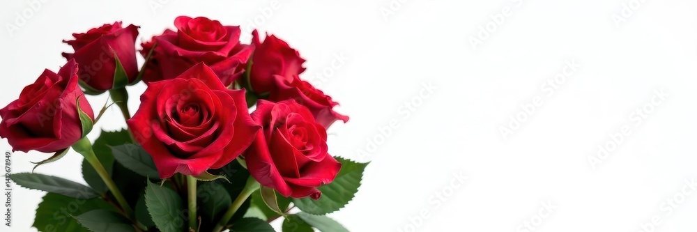 Vibrant red roses, lush bouquet, pure white backdrop, photography, elegance, beauty Vibrant red roses, lush bouquet, pure white backdrop, photography, elegance, beauty