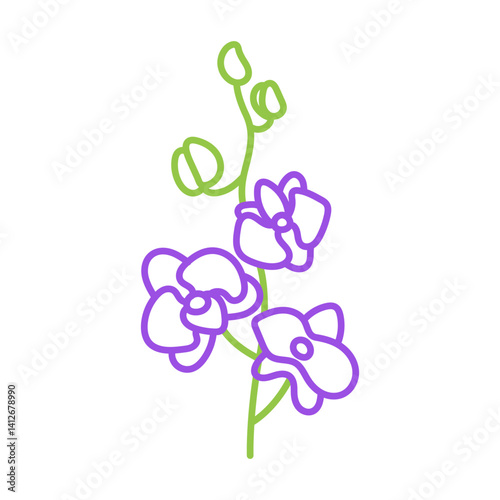 Orchid. Colorful outline doodle flower with stem and leaf. Vector hand drawn color sketch