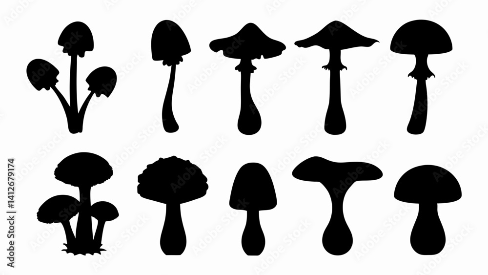 set of forest mushrooms silhouette vector on white background set of forest mushrooms silhouette vector on white background
