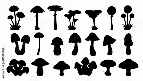 set of forest mushrooms silhouette vector on white background