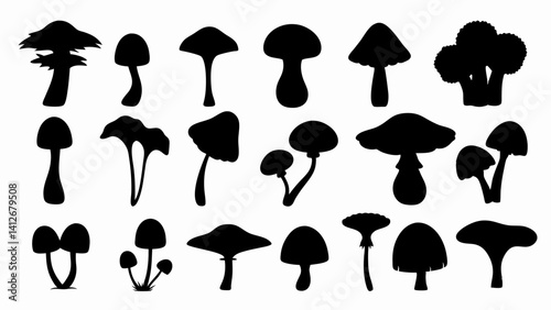 set of forest mushrooms silhouette vector on white background