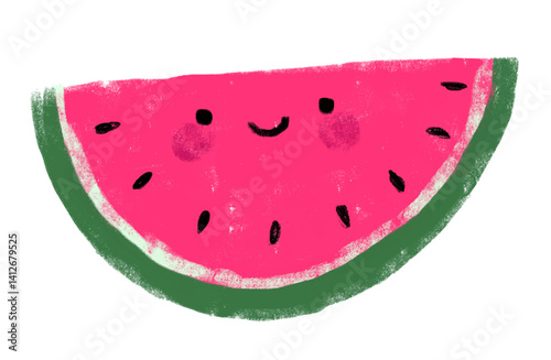 Cute Slice of watermelon cut kawaii smiling face hand drawn crayon doodle kids crayon illustration watercolour red green free palestine
