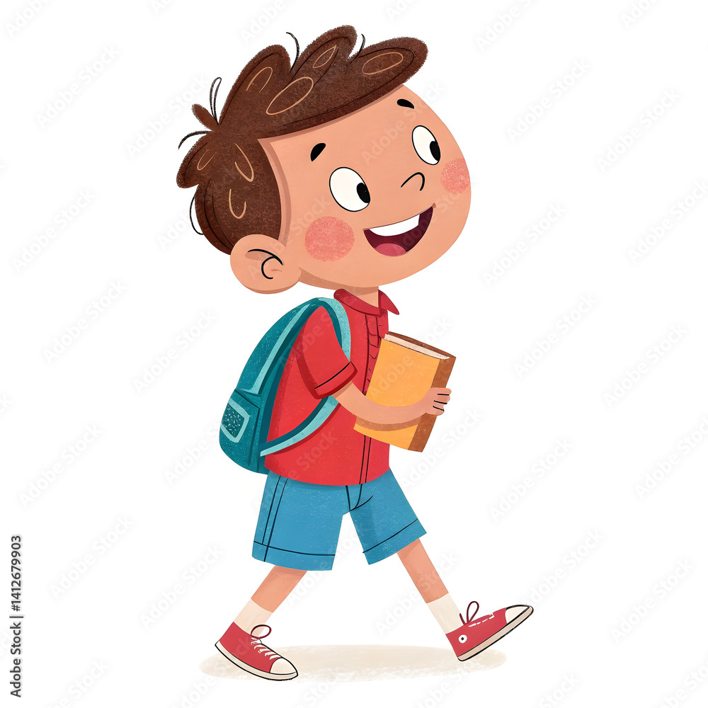 Cheerful Student Cartoon: Walking to School with a Backpack and Book Cheerful Student Cartoon: Walking to School with a Backpack and Book