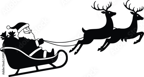 Santa claus flying in sleigh pulled by reindeer carrying festive gift bags over moonlit skies