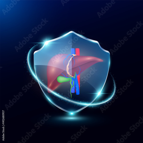 Liver in translucent glass shield modern. Surrounded by glowing ring safety guardian. Human anatomy organ on blue background. Medical health care immunity and protection concept. Vector EPS10.